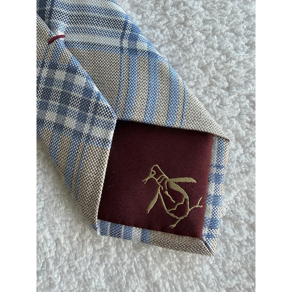 Penguin Powder Blue Silver Plaid Check Tartan Skinny Long XL 62.5" 100% Silk Tie